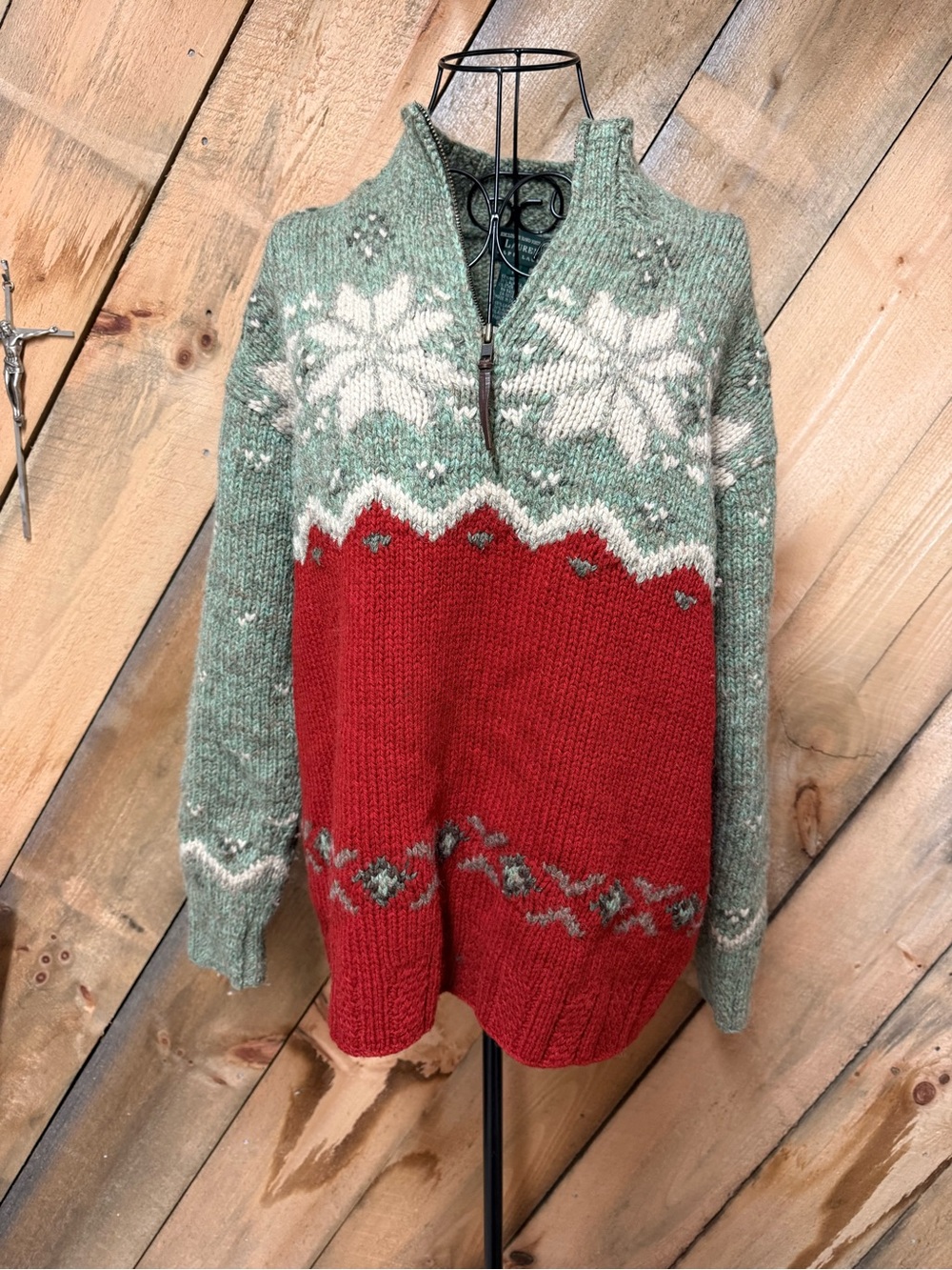 Ralph Lauren Green and Red Nordic Half-Zip Wool Sweater